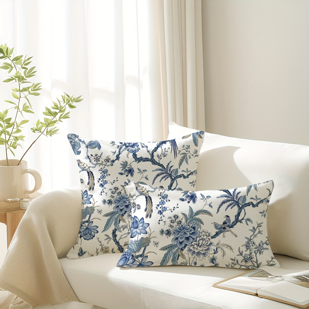 

Elegant Chinoiserie Throw Pillow Cover - Linen Blend, Zippered, Floral Design For Sofa & Bedroom Decor