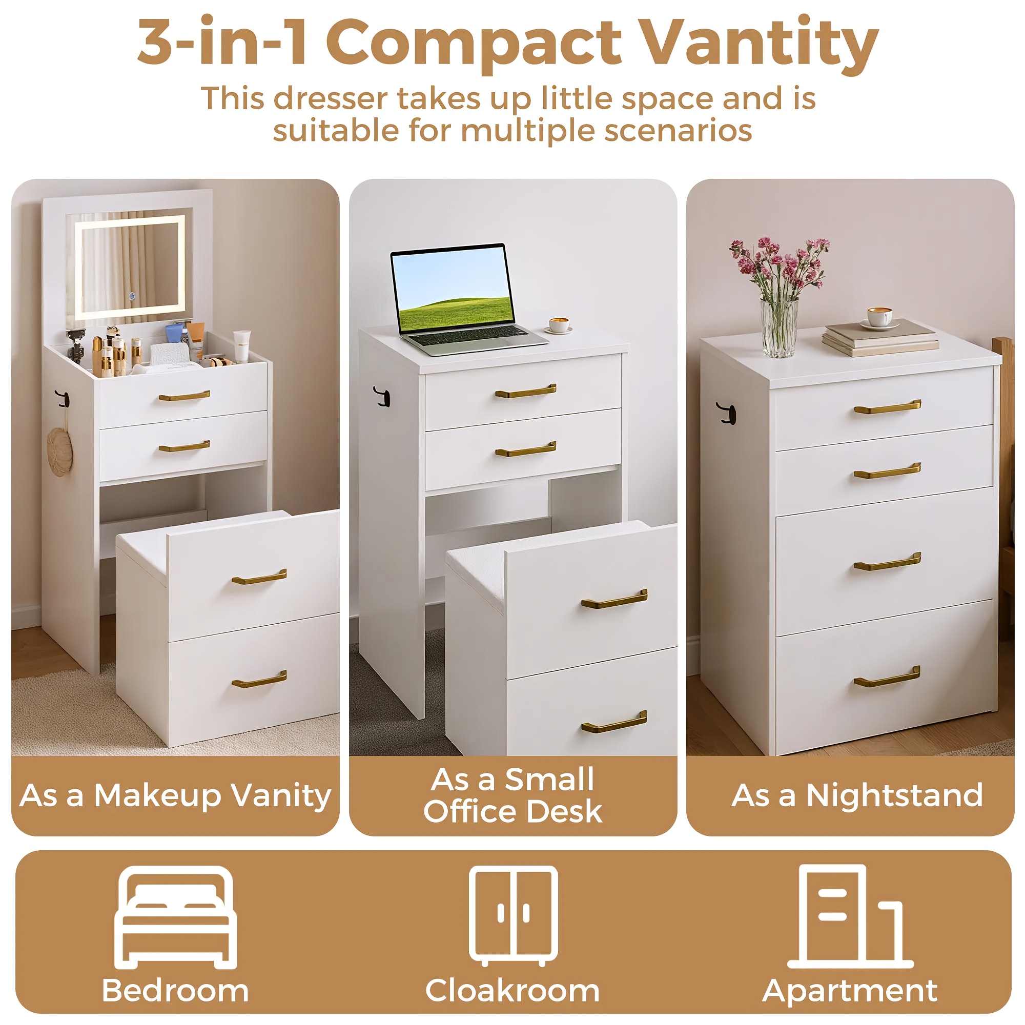 TEMU 3-in-1 Vanity Table Dressing Table With Folding Mirror, Small Makeup Vanity Desk With Glass Top, 3 Drawers, Upholstered Stool | Compact Dressing