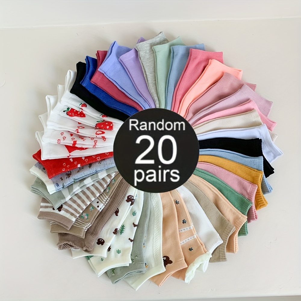 Random 20 Pairs Candy-colored Women's Short Socks, Soft, Sweat-absorbing, Breathable