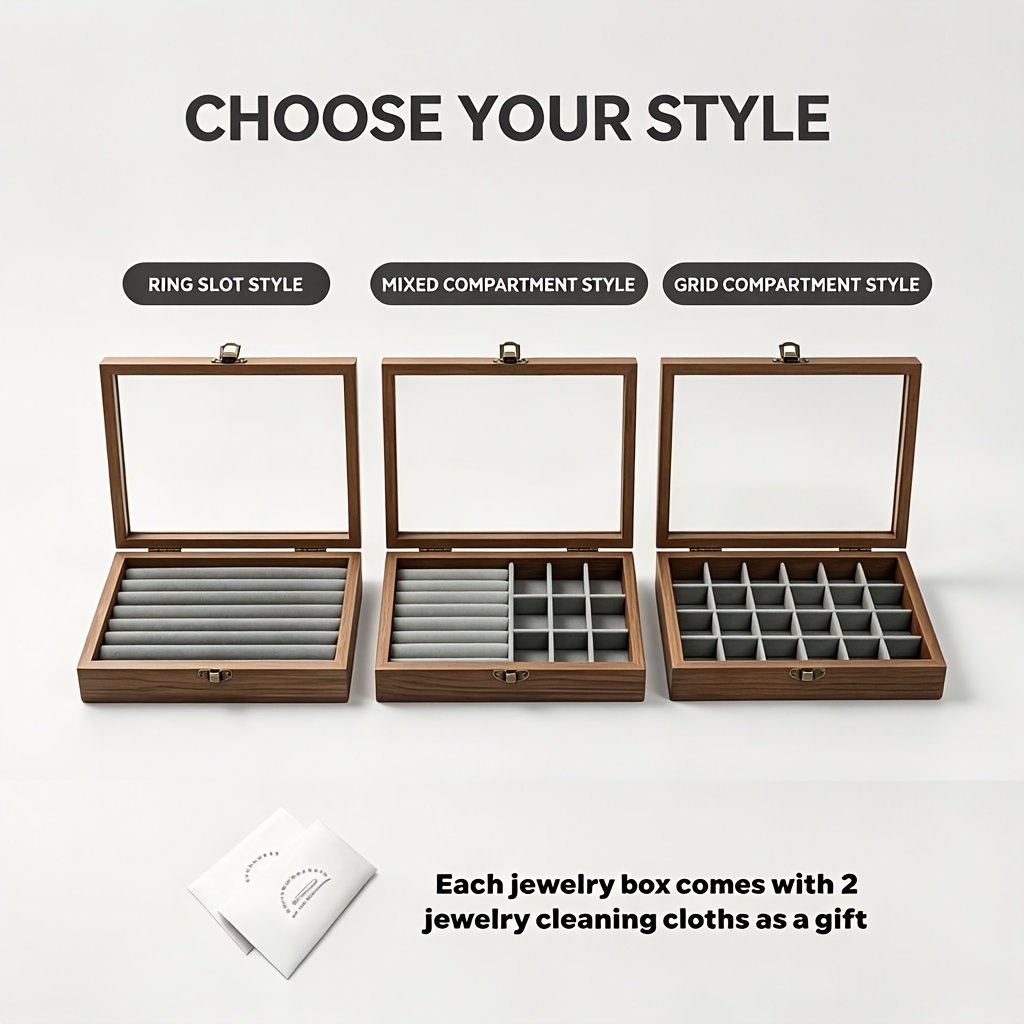 Wooden Ring and Earring Storage Box with Glass Lid