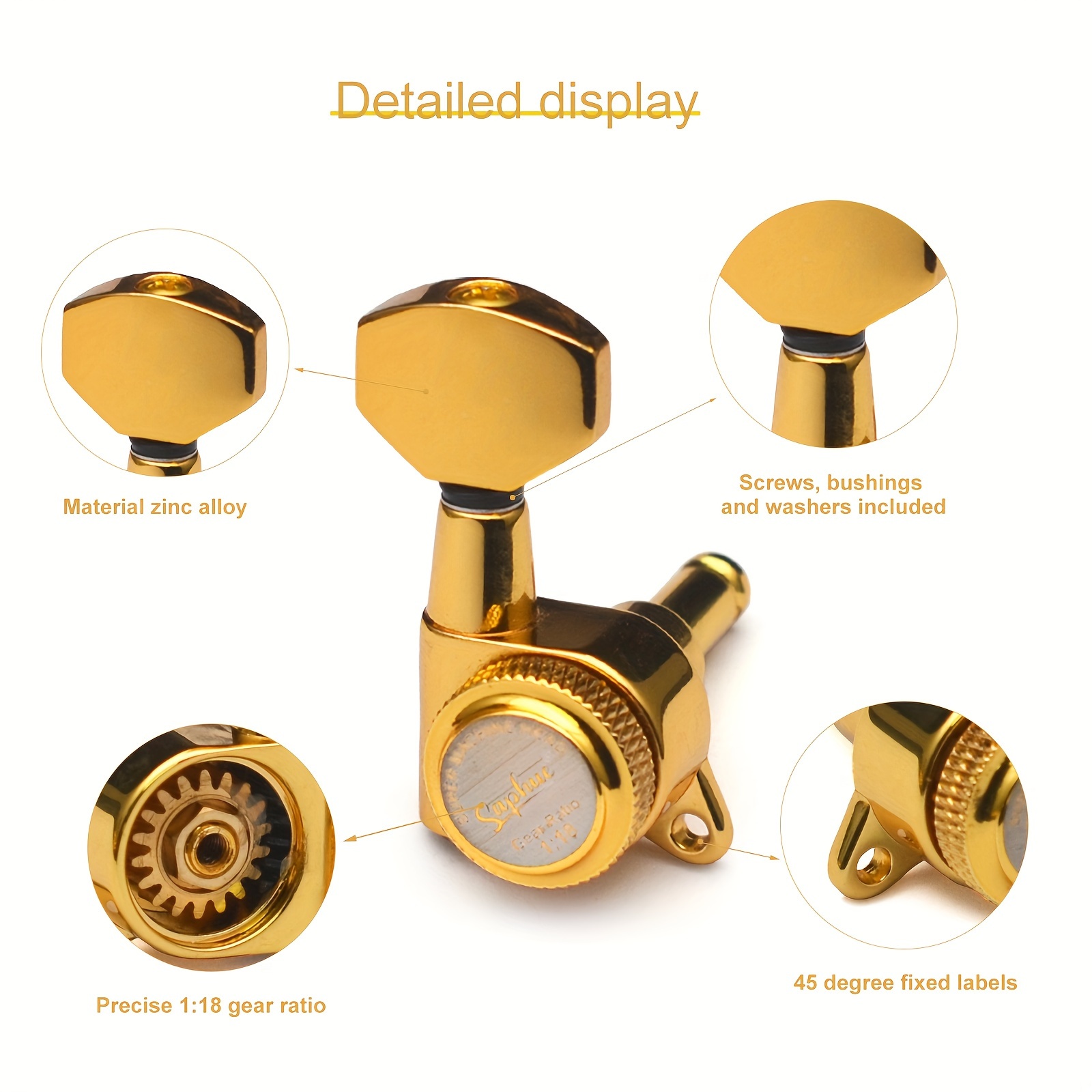 [SAPHUE Guitar Locking Tuners] SAPHUE 6pcs Guitar Locking Tuners | 1:18 Lock String Tuning Key Pegs Machine Head with Hexagonal Handle Replacement for Electric Folk or Acoustic Guitars - Black/Golden/Chrome