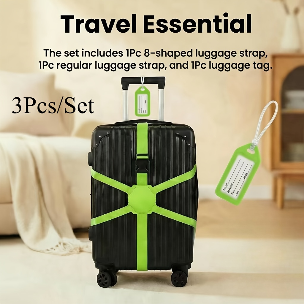 TEMU 3pcs/set (2pcs Luggage Straps And 1pc Luggage Tag), 5 Colors , Travel Luggage Packing Straps 8-shaped Securing Straps For Suitcases, Anti-slip