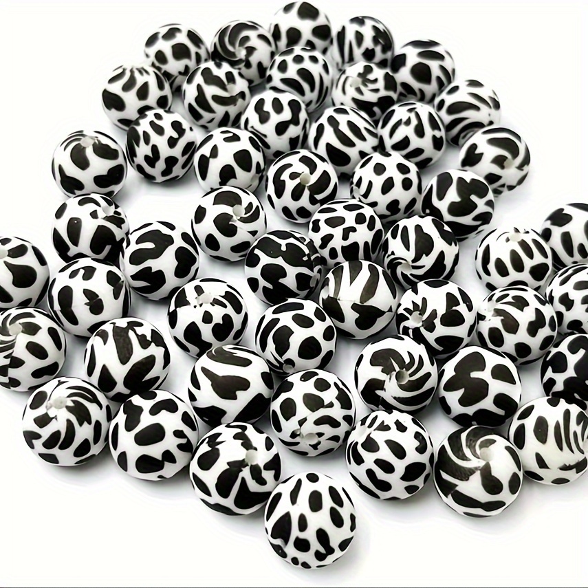 

50pcs Silicone Beads, Black And White Cow Print, 15mm Animal Pattern Spacer Beads For Diy Keychains, Bracelets, Necklaces, Crafts & Jewelry Making