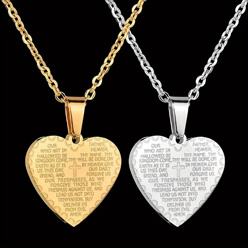 Stainless Steel Heart Pendant Necklace with Scripture Verse Golden Tone