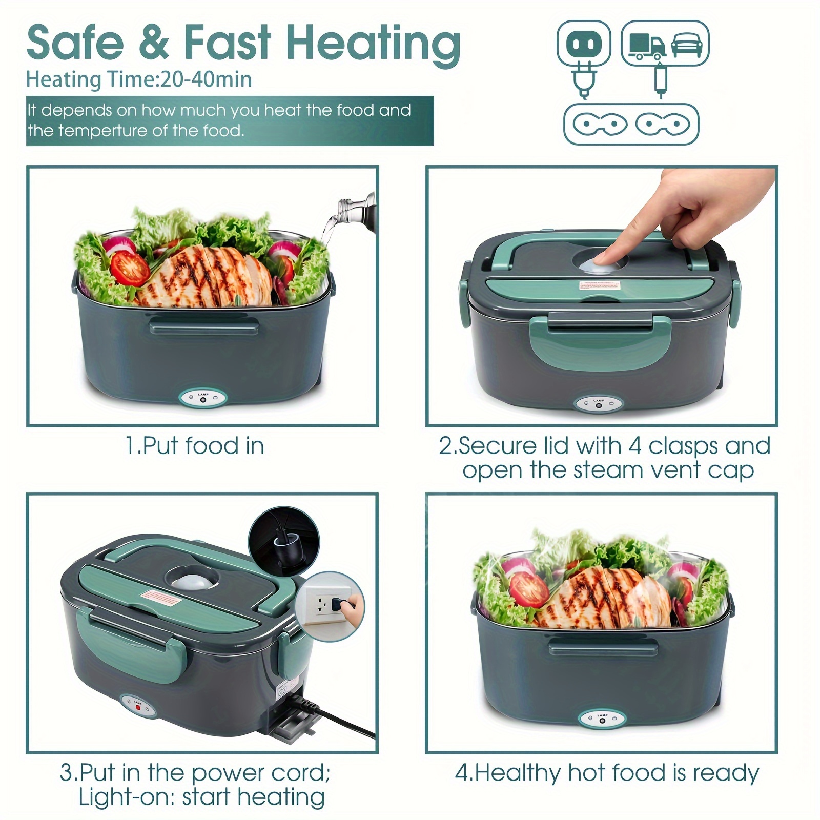 1 set electric heating lunch box food warmer portable lunch box for home and car 12v 110v adult car truck work lunch 5l removable 304 stainless steel container free fork and spoon with insulation bag used in home car office use details 1