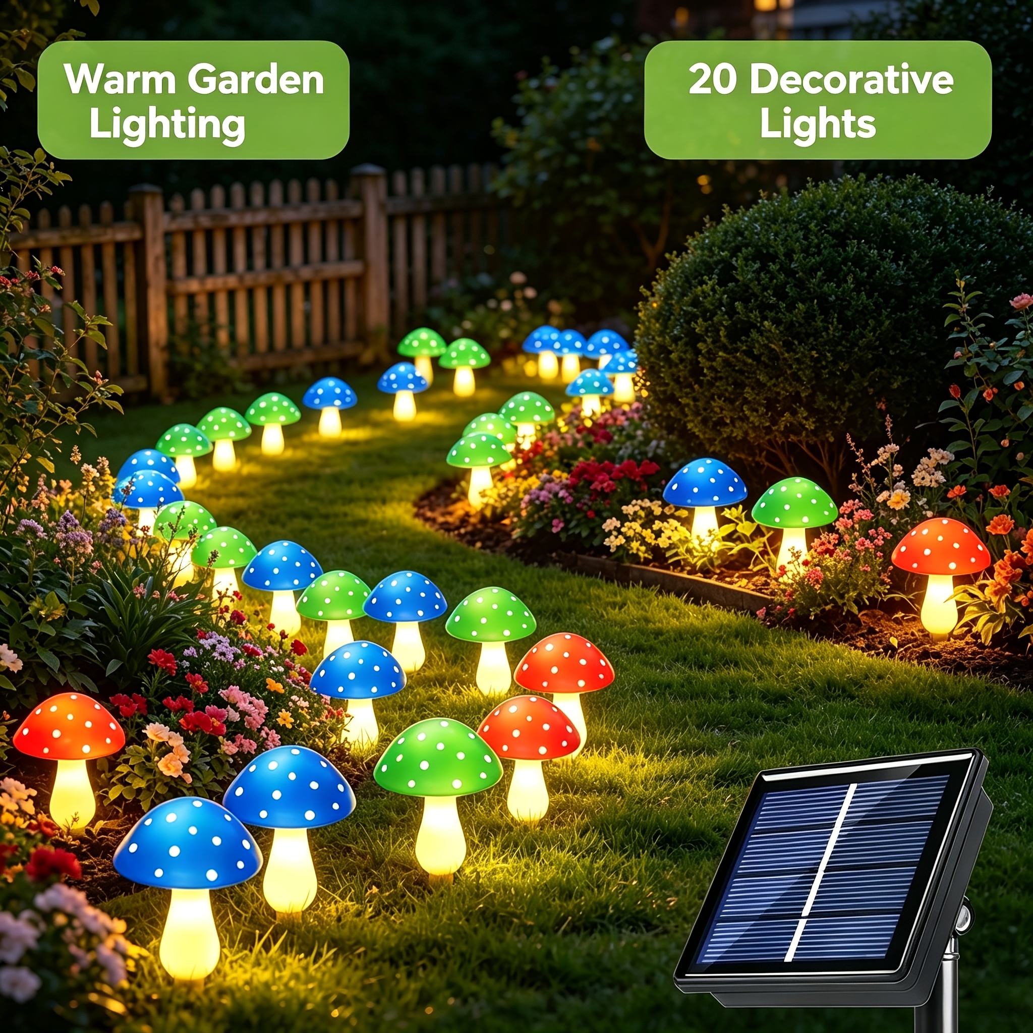 TEMU Solar Powered Mushroom Garden Lights, 20pcs Ip65 Led Pathway Lights, Warm White Fairy Lights, Outdoor Landscape Decor For Lawn, Walkway,