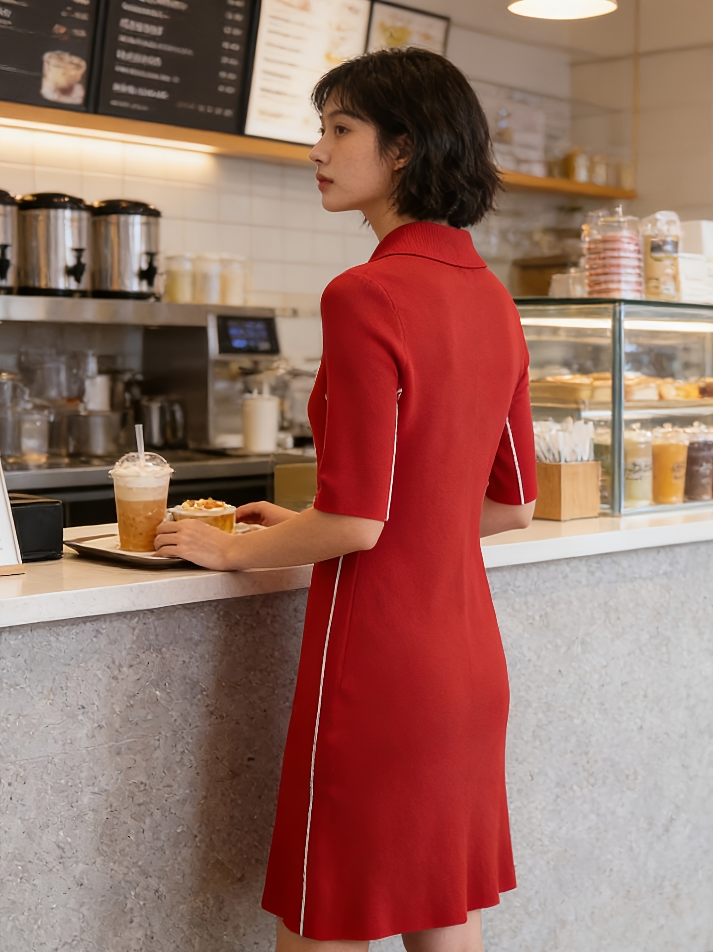 red half sleeve bodycon dress women collar contrast white side Homecoming dresses