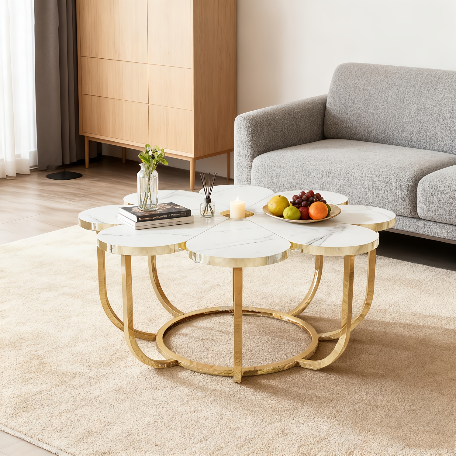 Modern Decorative Table in White And Golden, Shaped Like a Petal, for The Central Area of The Living Room
