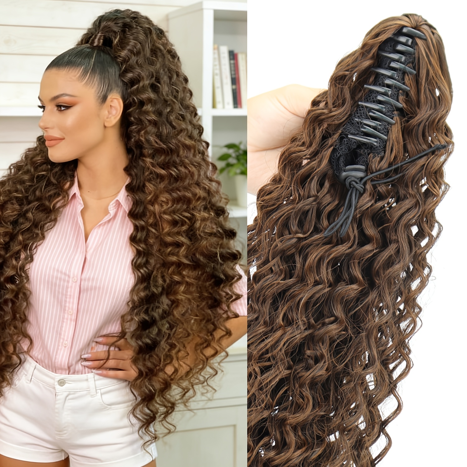 TEMU Queue de cheval synthétique à pince de griffe de 24 pouces, style bouclé et crépus, disponible et marron, parfaite pour du volume et de la