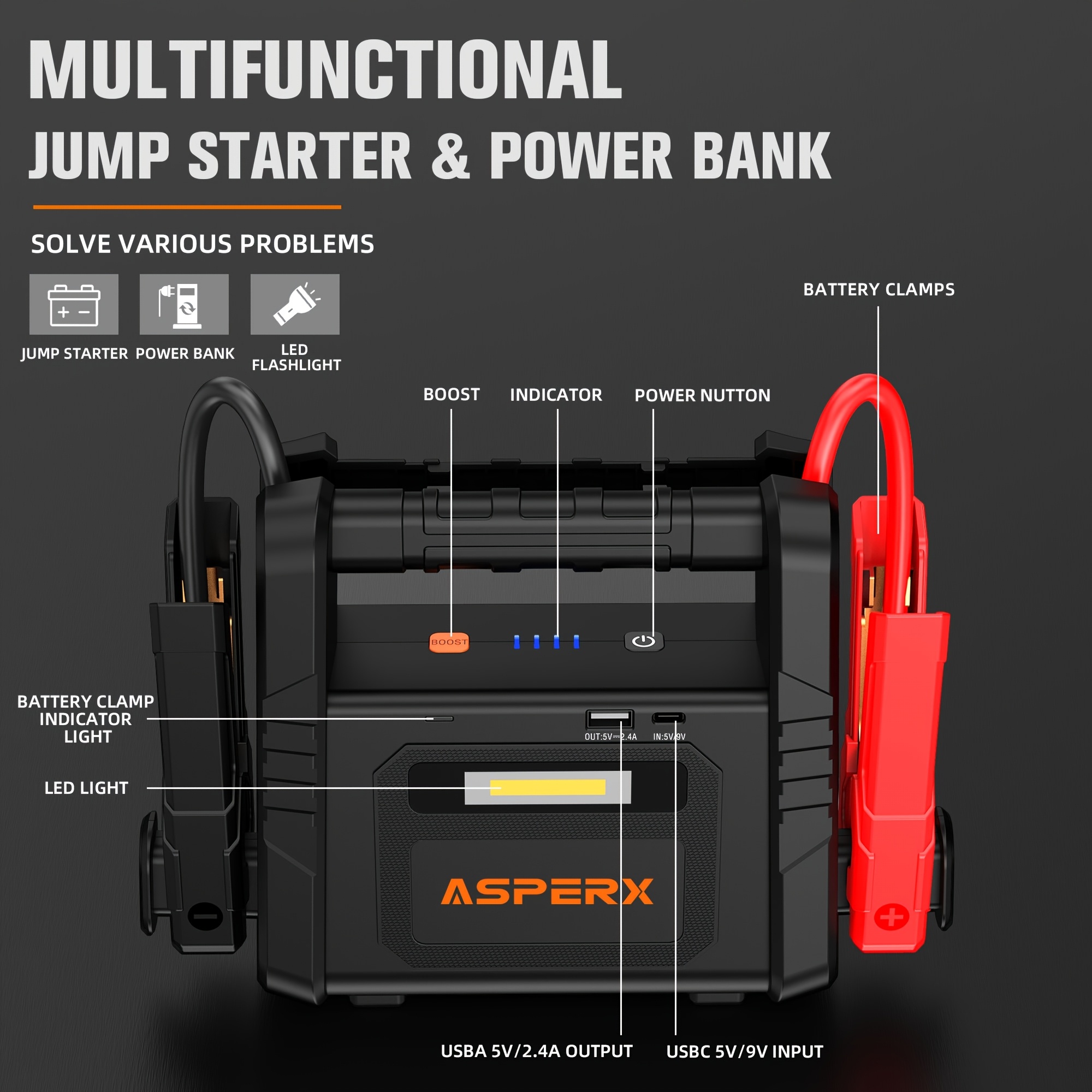 AsperX 6000A Jump Starter (up to All Gas Or 2.64gal Diesel Engine) 12V Car Battery Booster Pack for RV Truck SUV Portable Mobile Power Bank, Large-capacity Storage with LED Flashlight Strong Light USB-C Output