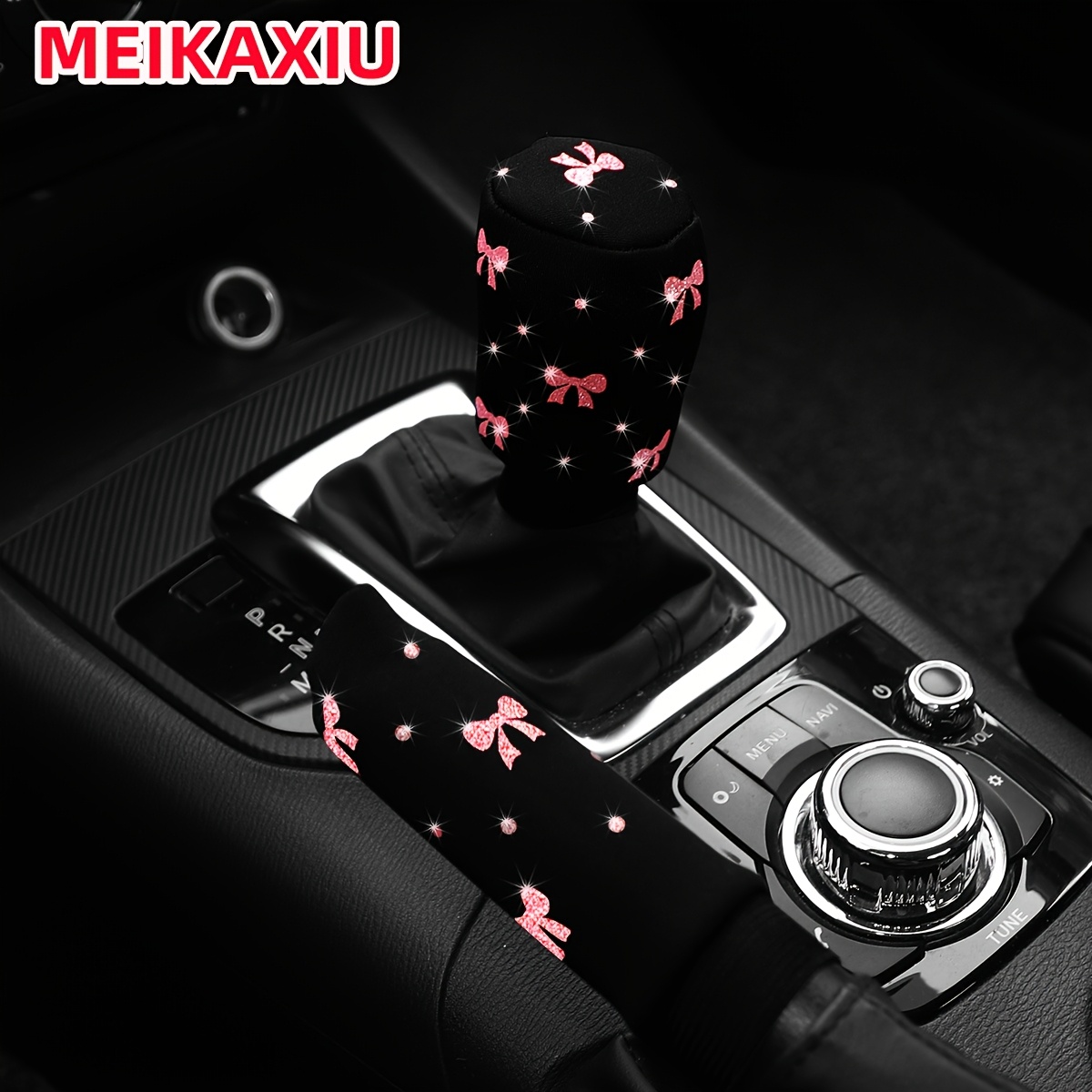 E-shop 2 Stück Schöne Kleine Schleife Stoff Glitzer Auto Handbremsenabdeckung Schaltknaufabdeckung Universal für Manuelle Automatik Auto Zubehör