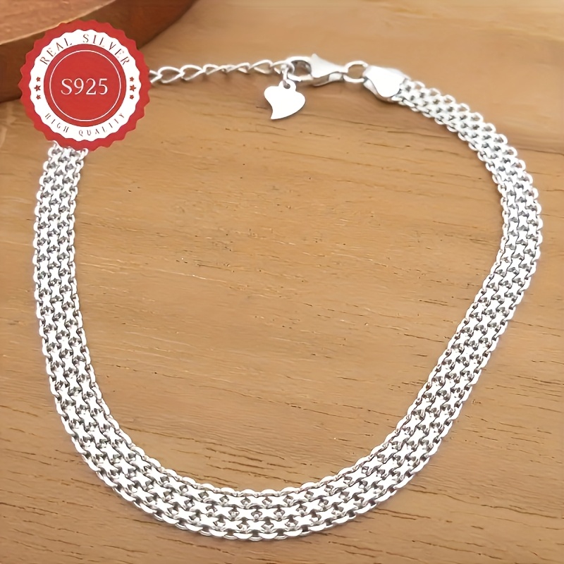S925 Pure Silvery Chain Bracelet, Mesh Embossed Pattern
