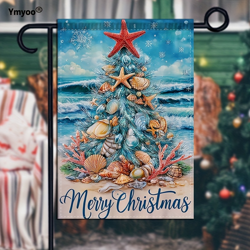 TEMU 2d Flat - 2d Flat - 1pc Double-sided Garden Flag Featuring A Festive Coastal Scene With A Christmas Tree, Seashells, Starfish, Coral, And 'merry