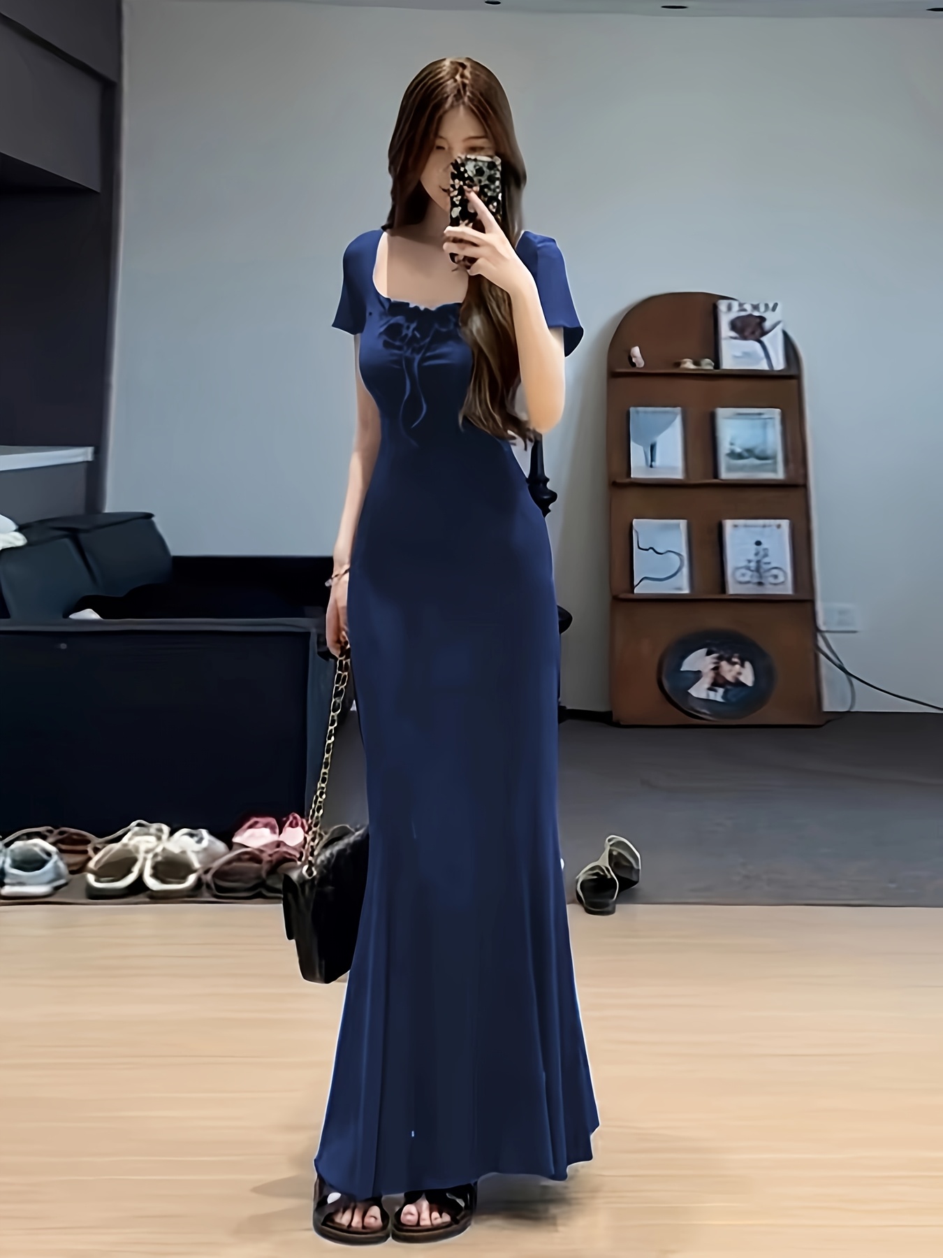 womens elegant navy blue formal casual dress square neck Temu