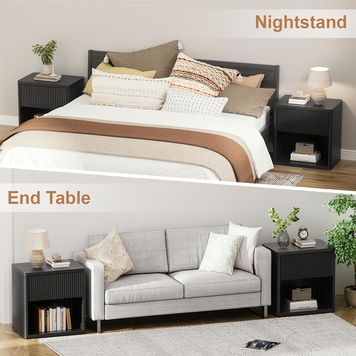 Modern Space-Saving Nightstand with Hidden Drawers & Open Shelf - Curved Bedside Table Suitable for Small Bedrooms, Freestanding Assembly Required Bedside with Concealed Drawers and Open Shelves for Narrow Spaces