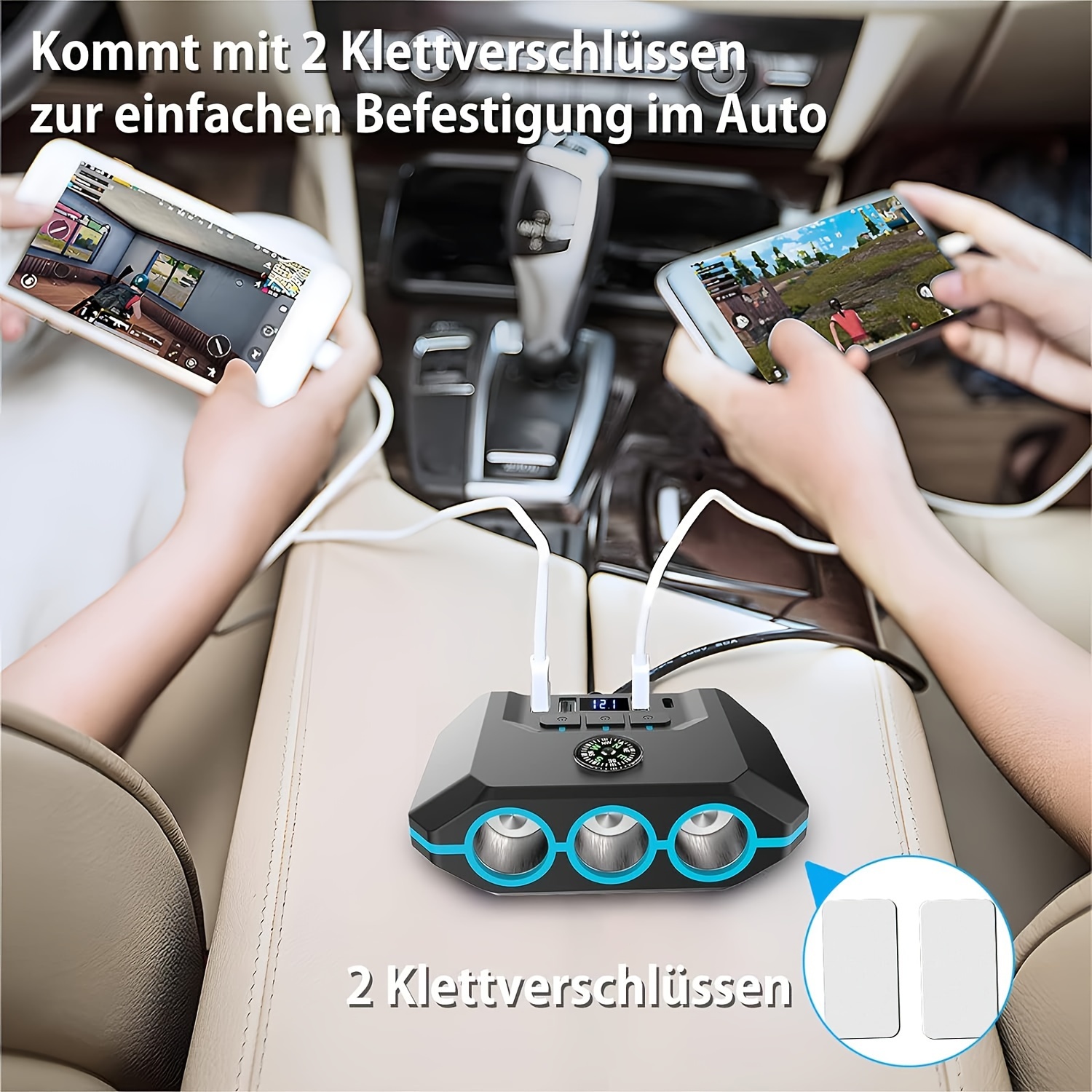 120w 7 in 1 car charger with led display splitter adapter 3 ac outlets 4 usb ports separate switches 12 24v 3 3ft cable details 5