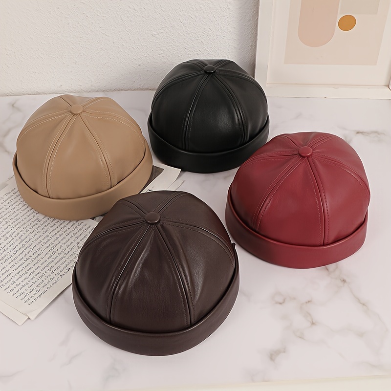 

Adjustable Leather Dome Beanie - , Waterproof & Warm Hip Hop Hat In Solid Colors (, Black, Burgundy, Red) For Daily Streetwear