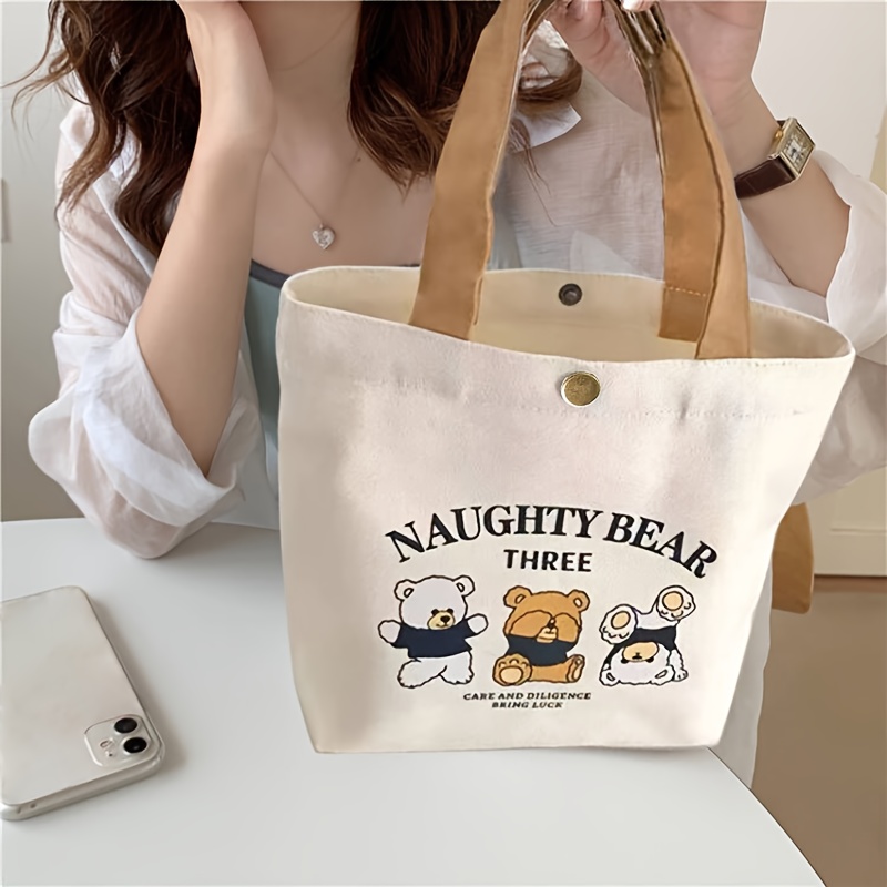 

1pc, Naughty Bear 3 Canvas Tote Bag, Small Versatile Handbag For Students, Simple Lunch Box Carry Bag, Durable Canvas Material With Sturdy Handles