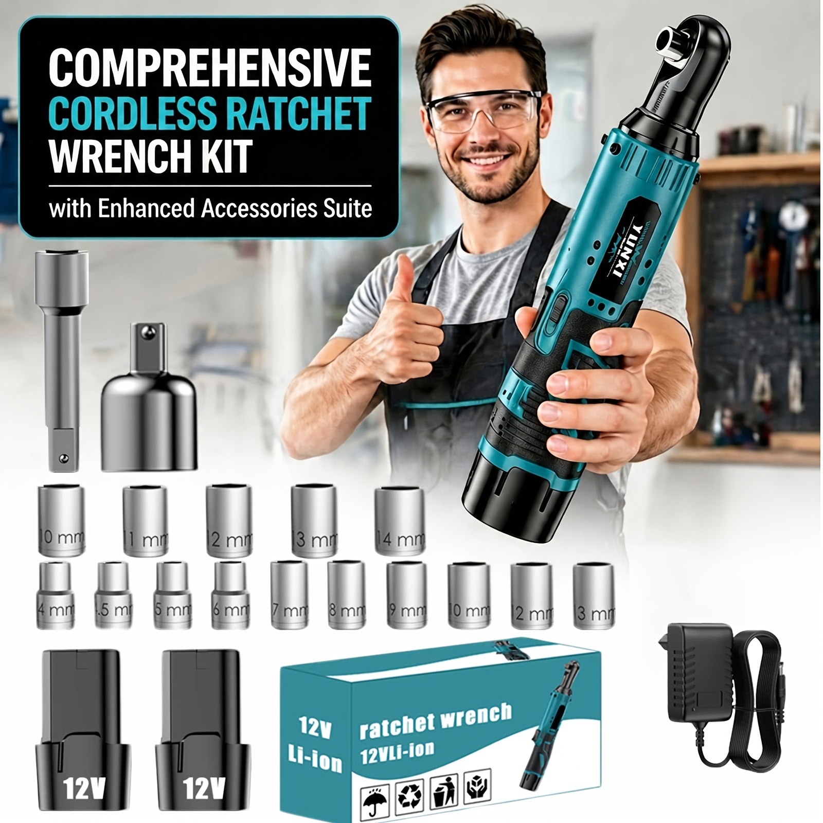 Image of 2026 New Portable Cordless Lithium Ratchet Wrench, Handheld Electric Right Angle Wrench, Narrow Repair Tool, Suitable For , Diy Assembly, Car Maintenance, Complete Professional Auto Repair Tool Set
