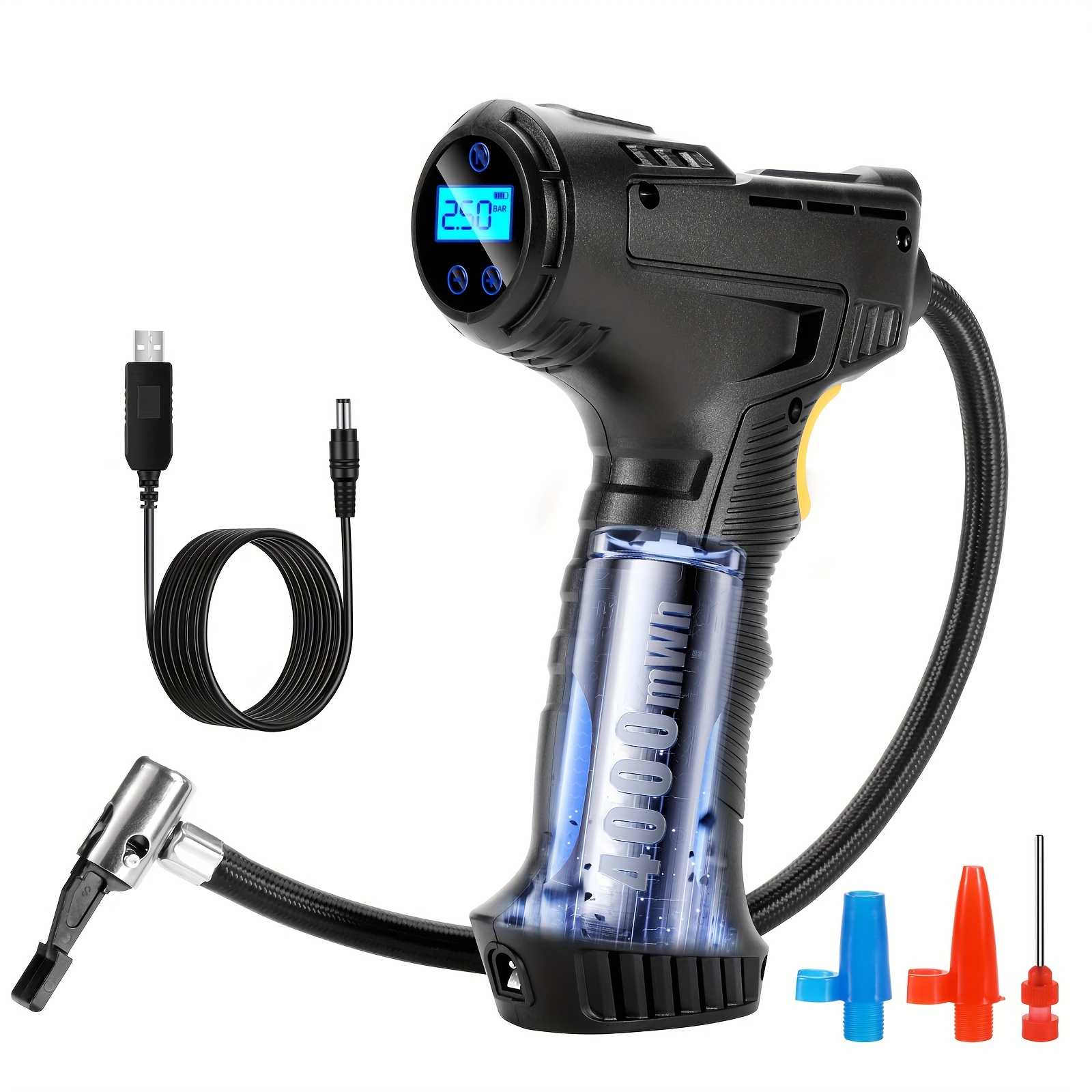 TEMU Compresseur d'Air Portable 4000mAh, Pompe à Air pour Pneus avec Manomètre et LED, 150 PSI, Gonflage 3X Plus Rapide, Pompe Intelligente Fil à Un