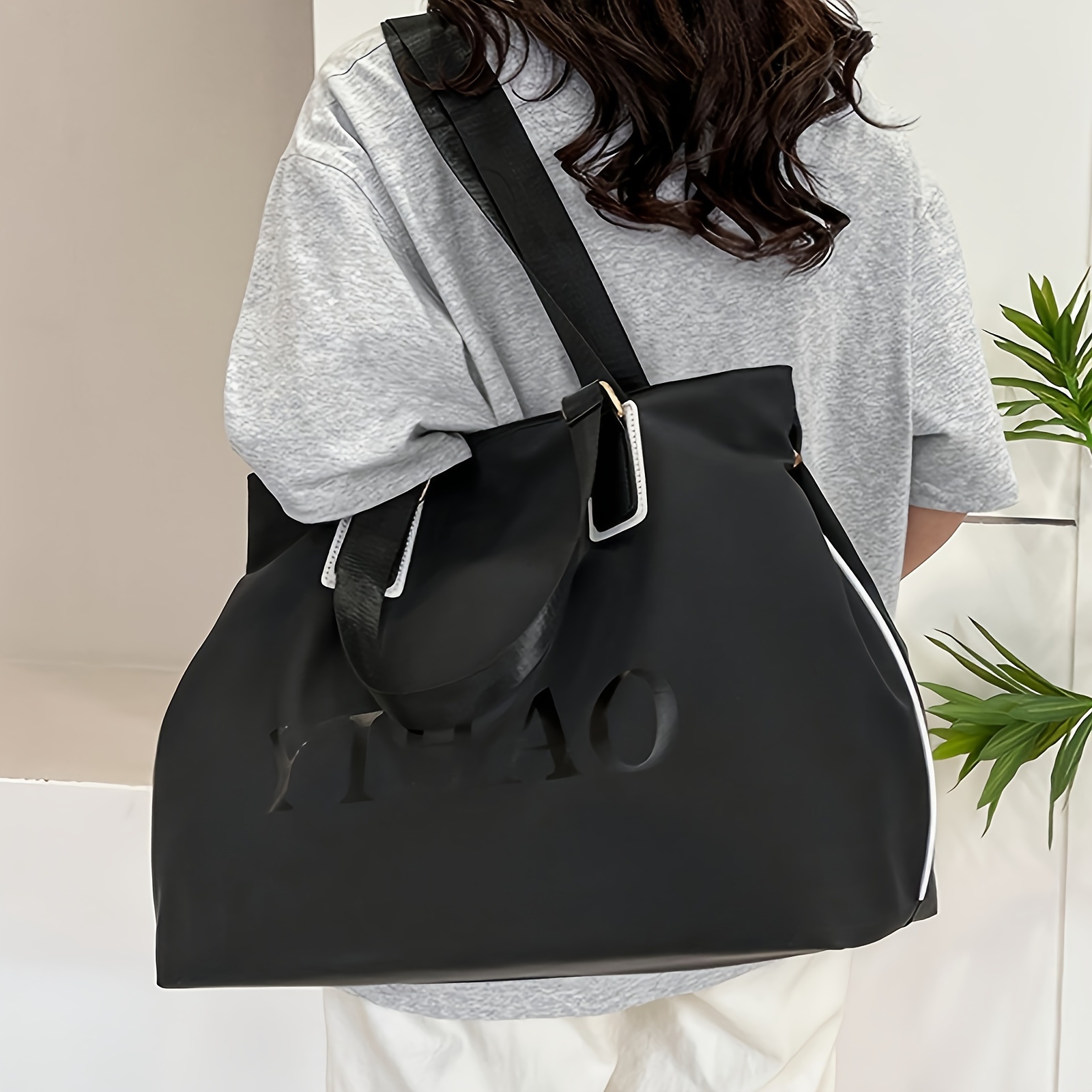 

Stylish Large Capacity Black Nylon Tote Bag With White Accents - Shoulder Handbag & Travel Duffle With Zip Closure For Women, Handbag|modern Tote Design|ambient Lighting Detail