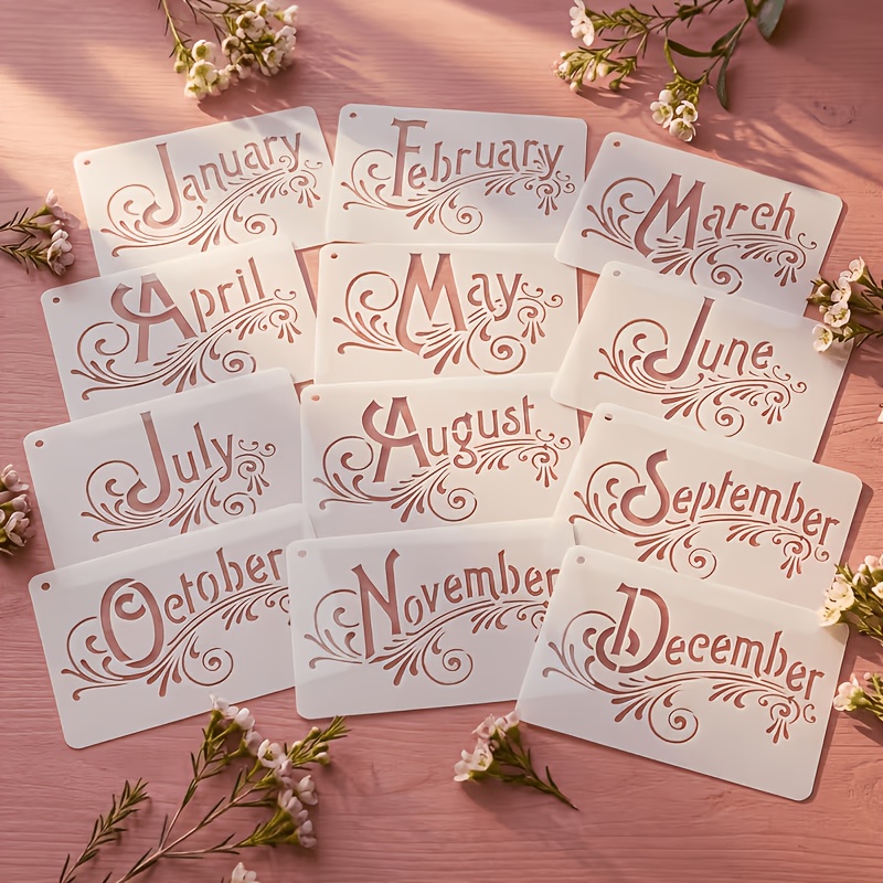 TEMU 12pcs Reusable Decorative Templates, 1 Per Month - Elegant Calligraphy Floral Painting Templates For Home Decor - Elegantly Designed Month Names