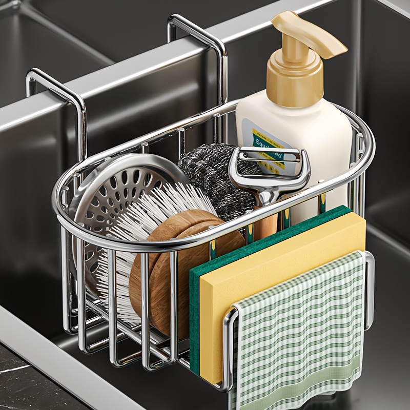 TEMU Panier de cuisine en acier inoxydable à suspendre au-dessus de l'évier, étagère de rangement suspendue, panier d'égouttage pour éponge et brosse
