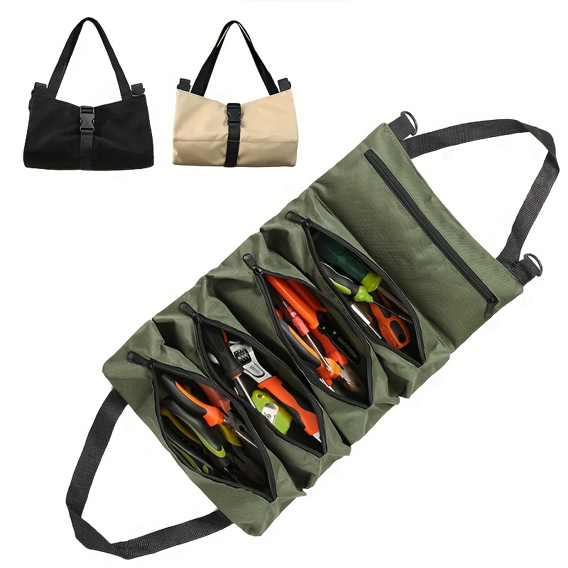 

1pc Cloth Organizer, Electrician Tool Roll Bag - Portable - 5 Zippered Compartments, In & Army