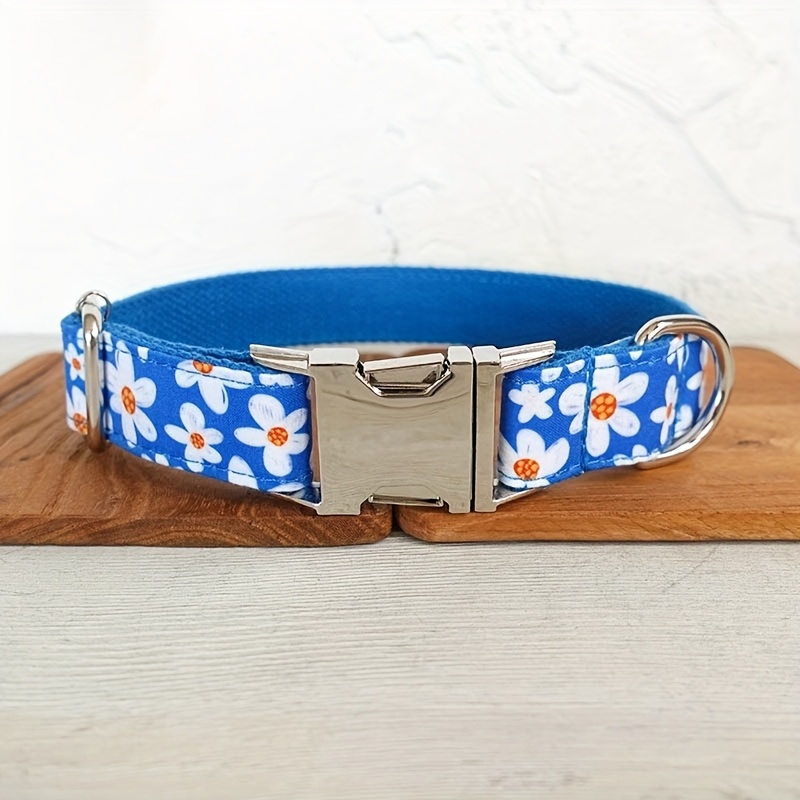 Floral Pattern Blue Daisy Adjustable Dog Collar, Customizable