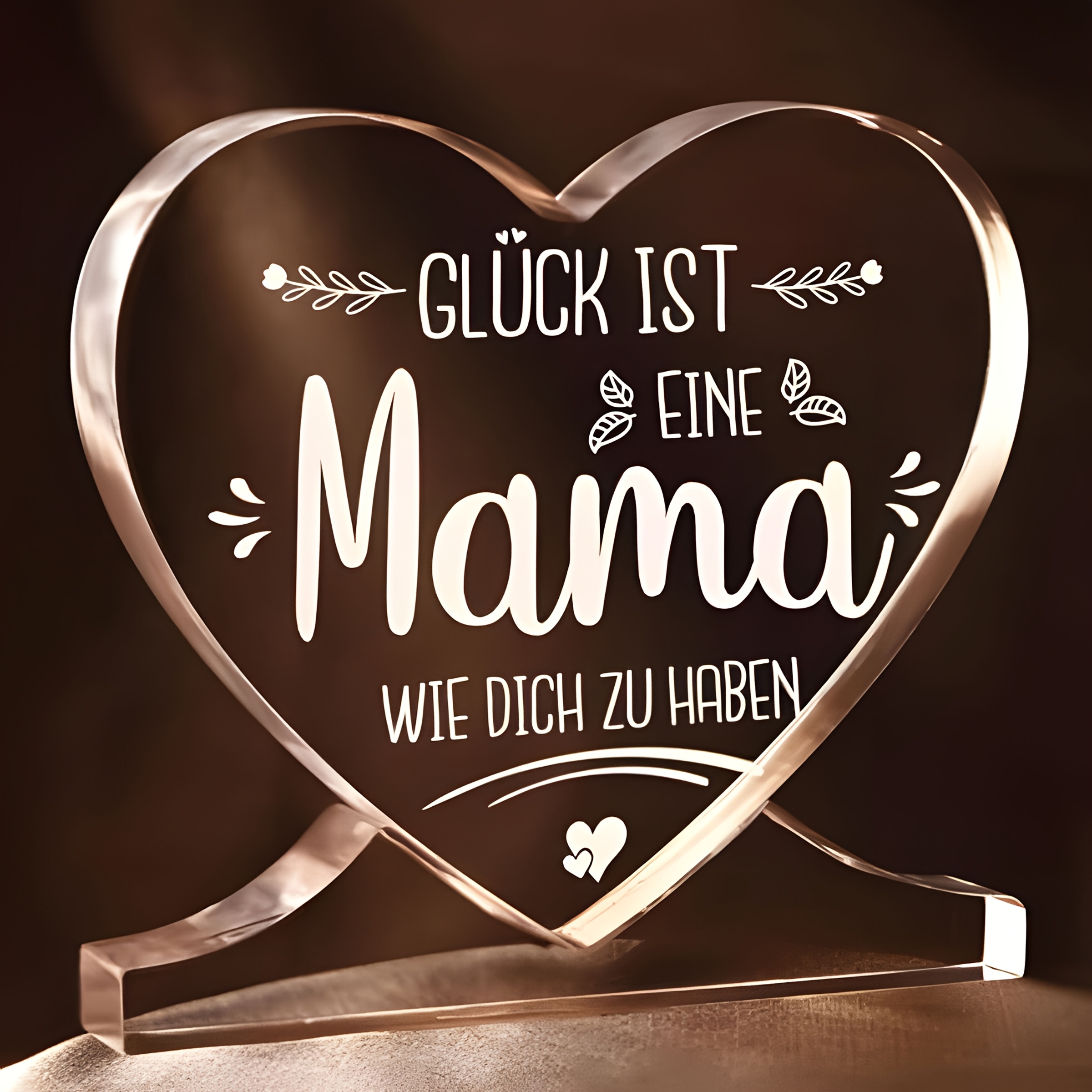E-shop [2D Flach] Herzförmiges Acryl-Muttertagsgeschenk für Mama – „Mama“ Graviertes Heimdekoration mit Lorbeerlaub-Design, perfektes