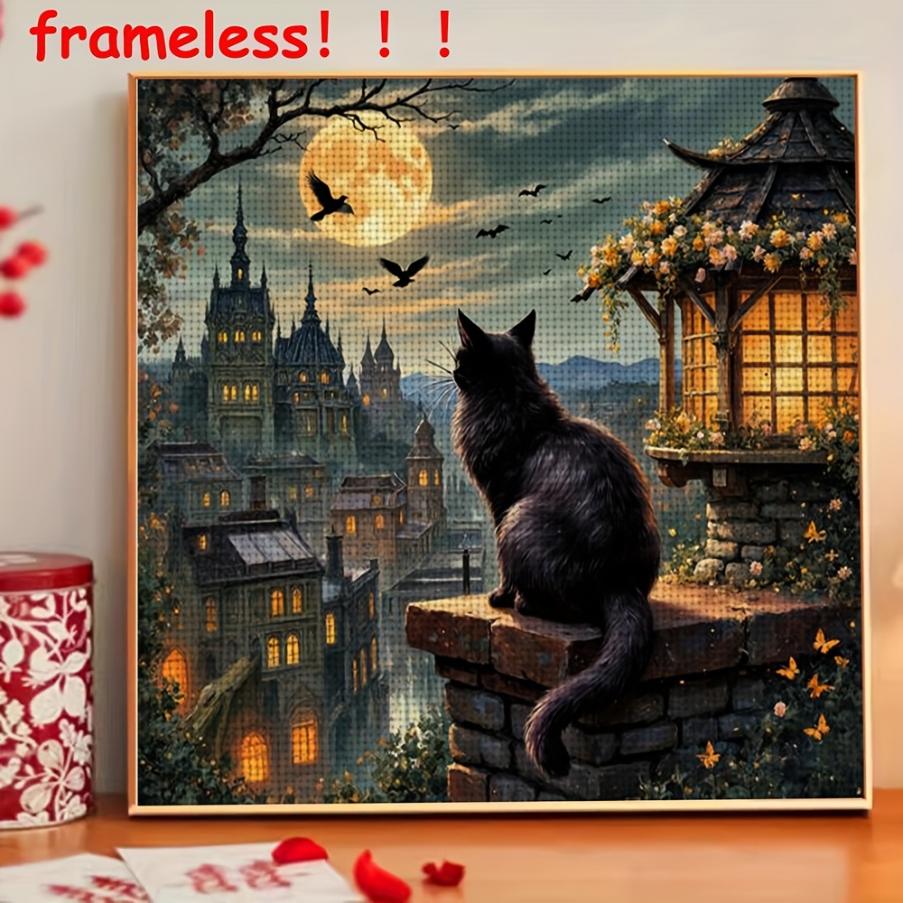 TEMU 1 Set 11ct Frameless Diy Stitch Kit - Gothic Black Cat & Moonlight Castle With Bats, Medieval Houses & Night Sky, Complete Handmade Embroidery