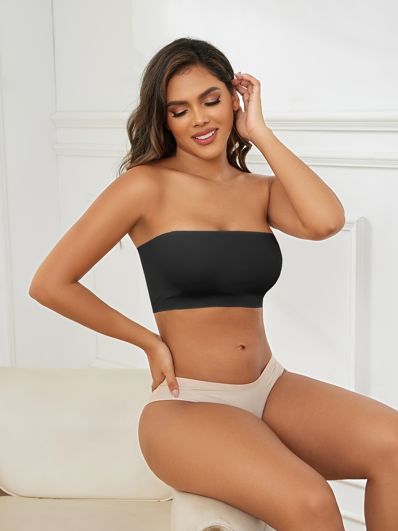 Sexy Strapless Bandeau Bra, Nylon 95% Elastane 5% Knit Fabric, Invisible Comfort, Solid Color, No Padding, Wireless, 170gsm - Adult Size