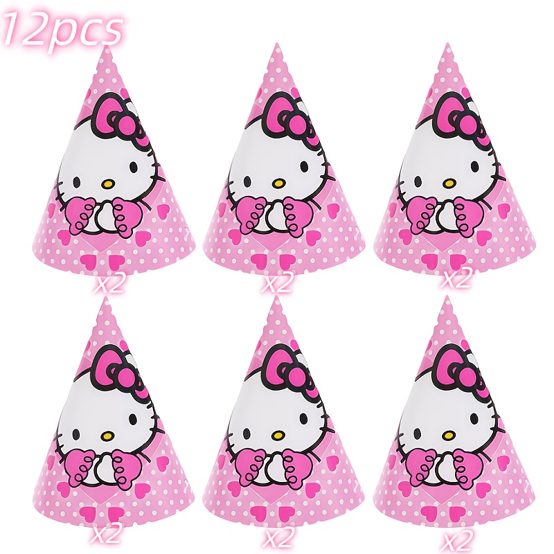 Image of 12pcs Hello Kitty Pink Hats | Disposable Paper Hats For Christmas, New Year, Valentine's Day, And Birthday Celebrations, Easy-to-wear, Heart-shaped