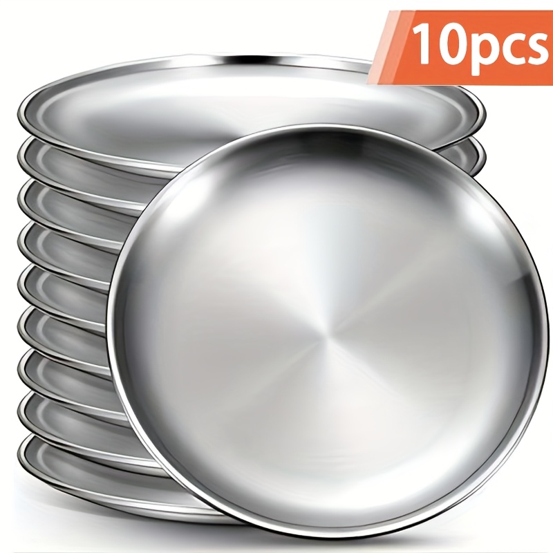 10pcs Stainless Steel Salad Plate, Appetizer Tray, Kitchen Tray, Camping Plate, Bbq Buffet Service Dish For Restaurant Dining, 7.87 Inch, Silvery