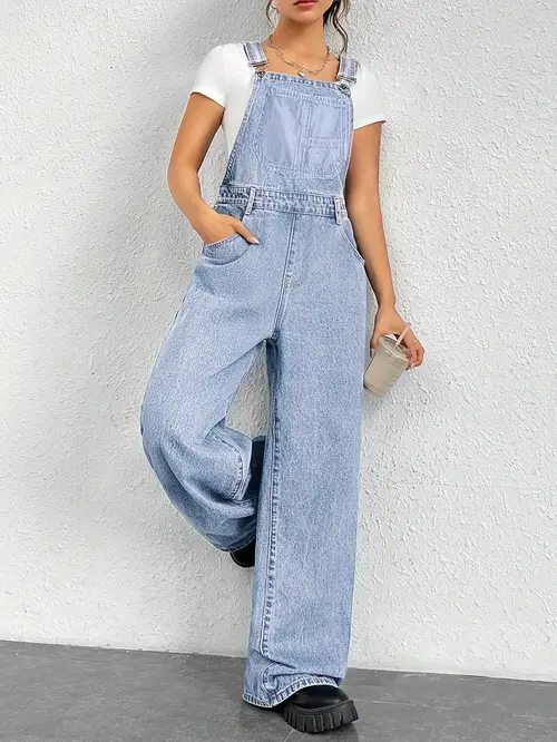 womens elegant solid color denim jumpsuit high waisted button up wide leg white crop top casual workwear versatile casual workwear jumpsuit wide leg jumpsuit jumpsuit