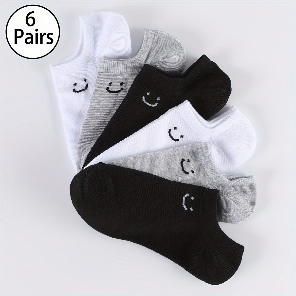 6 pairs/10 pairs Unisex Plain Color Casual Socks Breathable Low Top Sneakers Simple joyful Face Design Soft Moisture Wicking Comfortable for Daily Wear, Home Workouts & Office Minimalist Style All Season & Festive Occasions