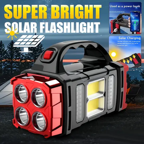 rechargeable solar flashlight 2 in 1 solar usb charging 4 light side lamp power bank lightweight durable for camping hiking outages car hurricane preparedness light or power