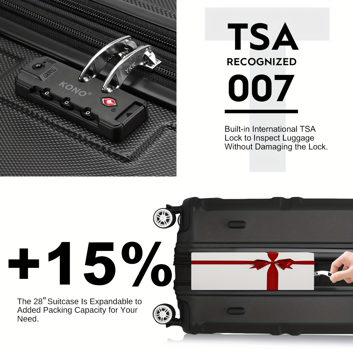 kono suitcase 5 piece lightweight abs hard shell luggage set 12 20 24 28 suitcases with tsa locks 4 wheel spinners for Product details 2