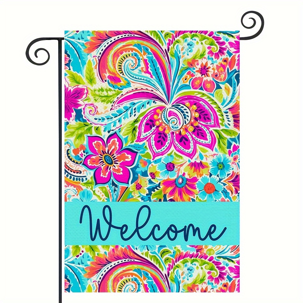 

Vibrant Welcome Garden Flag - 12x18 Inch Double-sided Linen, Floral & Patterns, Outdoor Farmhouse Decor, Polyester, No Flagpole Required, Garden Flags For Outside