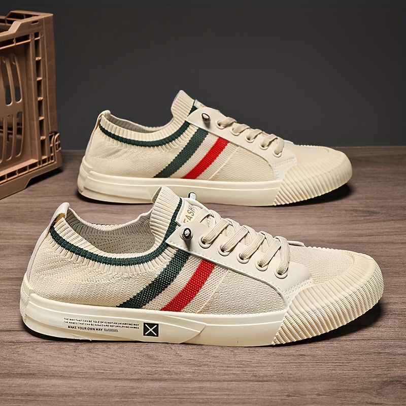 mens low top sneakers beige white red accent lace shoes  display picture 2
