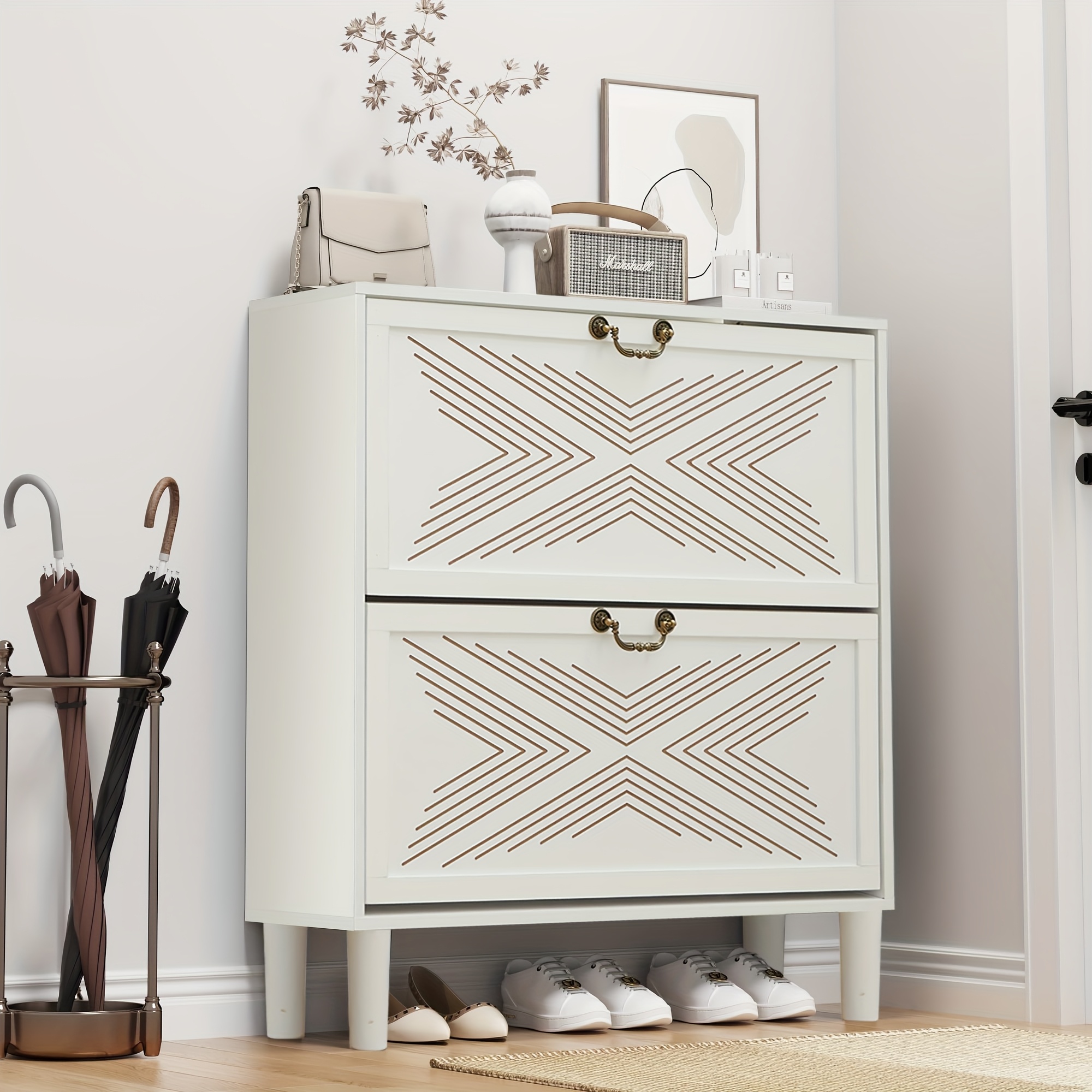 Image of Vintage-inspired Shoe Storage Unit Featuring And 2 Shelves - Elegant Entrance Organizer With Intricate Carvings, Shoe Rack For Hallway
