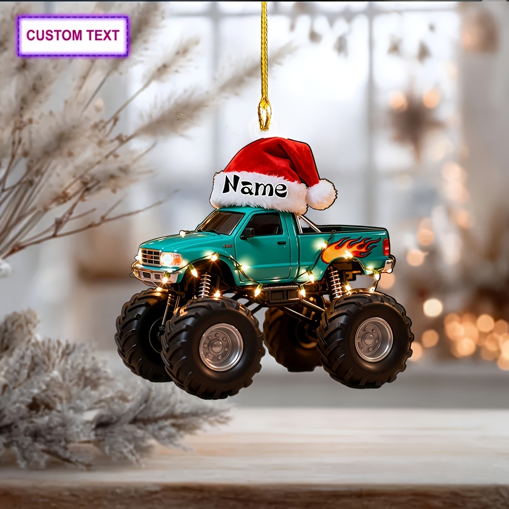 TEMU Custom Name Christmas Monster Truck Acrylic Ornament, Personalized Printed 2d Flat Off-road Car Pendant, Car Rearview Mirror Decoration Hanging,