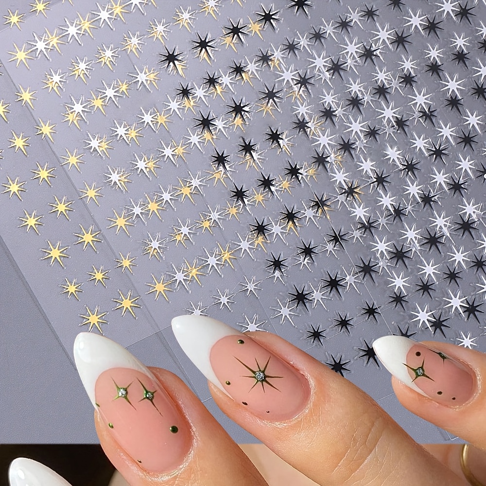 4pcs Nails Art Stickers | Starlight Stylish Y2k Styles Self Adhesive Decals, Glossy Glitter, Irregular Shape, Black White Golden Silvery, For Women Luxury Manicure Decoration