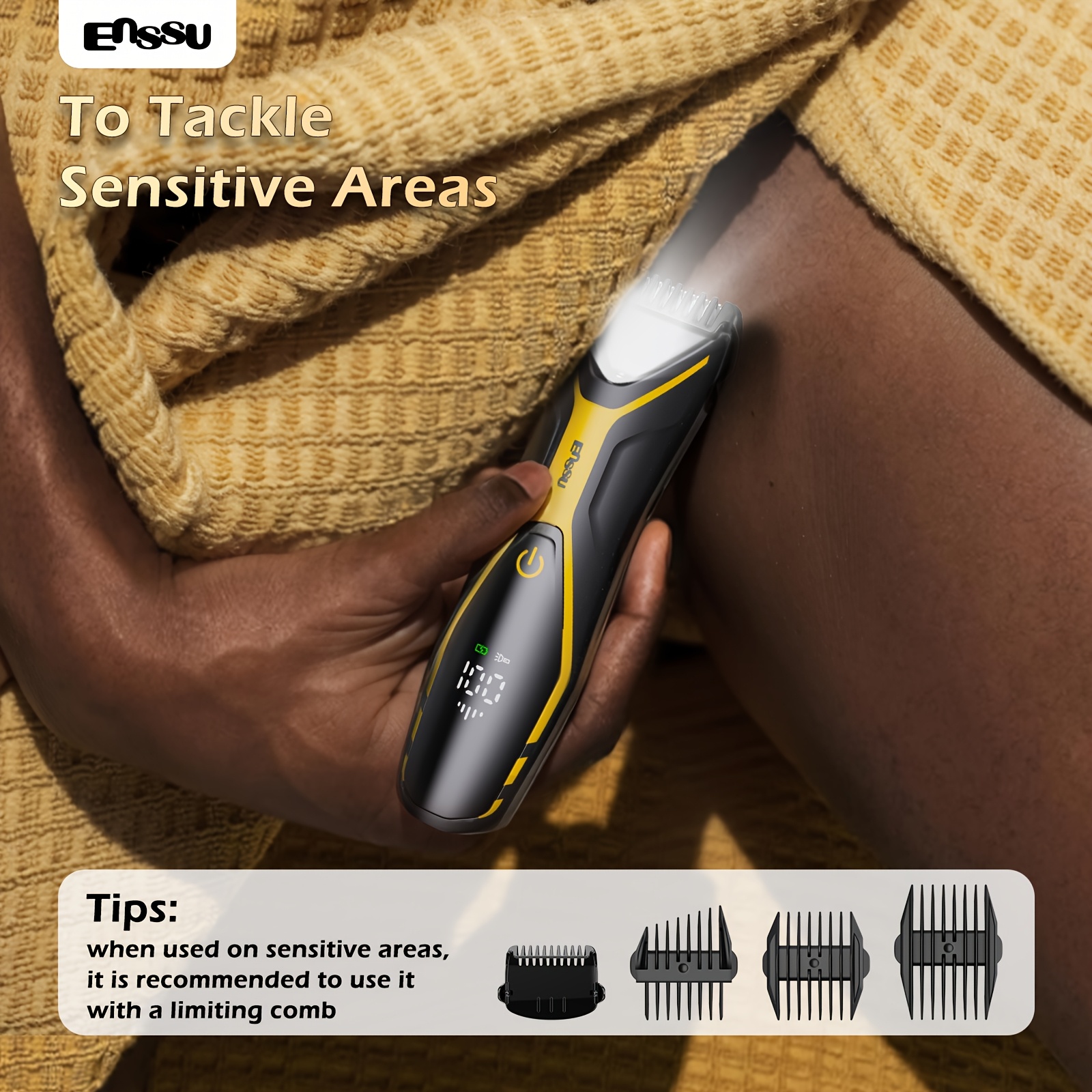 Enssu Professionele Schoonheidsspecialist, Mannen Buik- en Lichaamshaartrimmer, IPX7 Vervangbaar Mes, Elektrisch Sferisch Scheerapparaat met Vervangbaar Keramisch Mes, Batterijstandweergave, Veelzijdig, USB Opladen, Lithiumbatterij, Unisex Bikinitrimmer