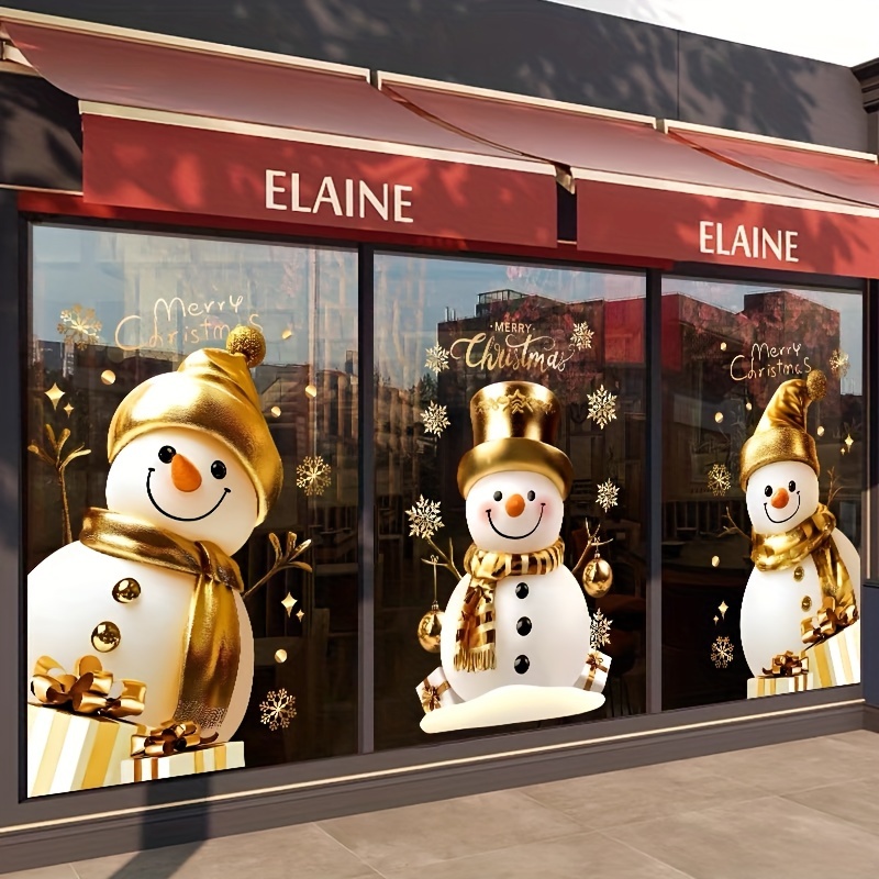 1st Klassieke Sneeuwpop Kerstraamstickers - Dubbelzijdige Elektrostatische Glassticker met Gouden Hoed & Sjaal, Feestelijke Kerstdecoratie voor Thuis & Winkels - Afbeelding 2