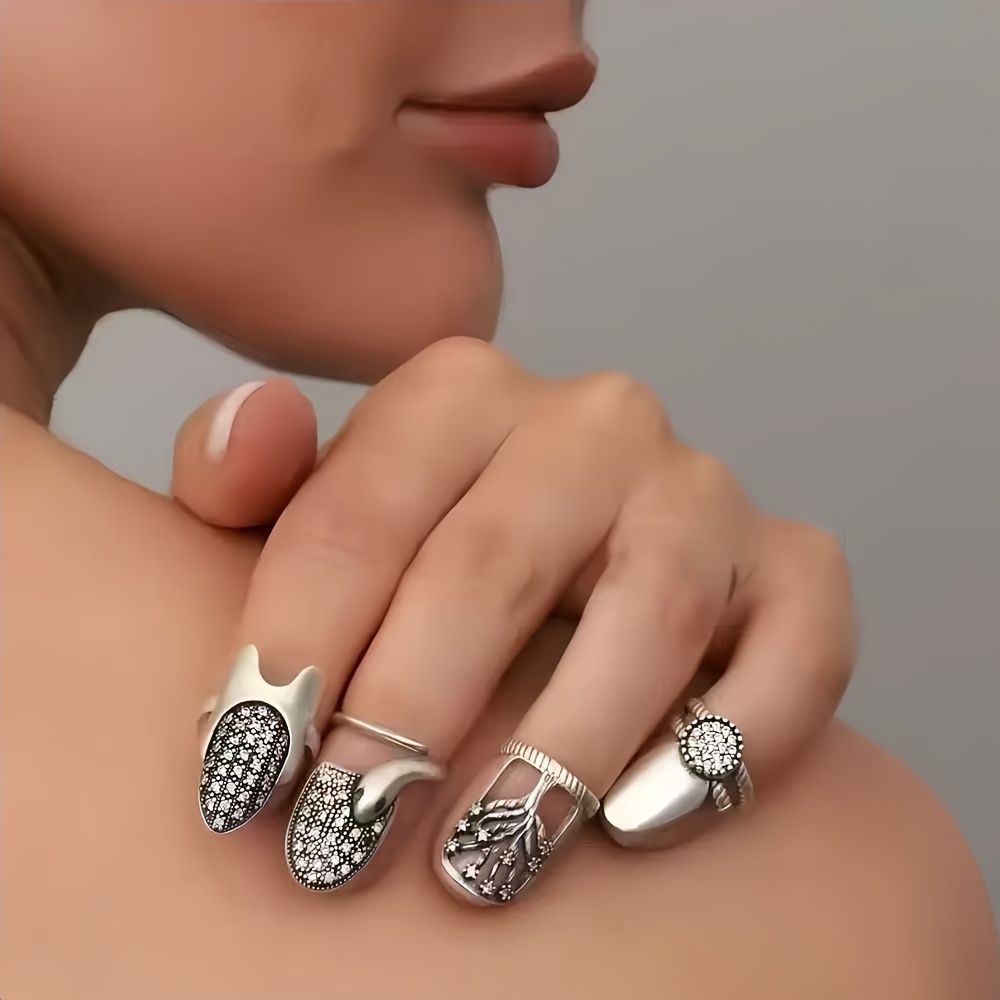 TEMU 4pcs Bohemian Retro Set - Adjustable Opening In For Daily Wear, Parties, Valentine's Day Gifts, Throughout The Year, Retro Nail Decor