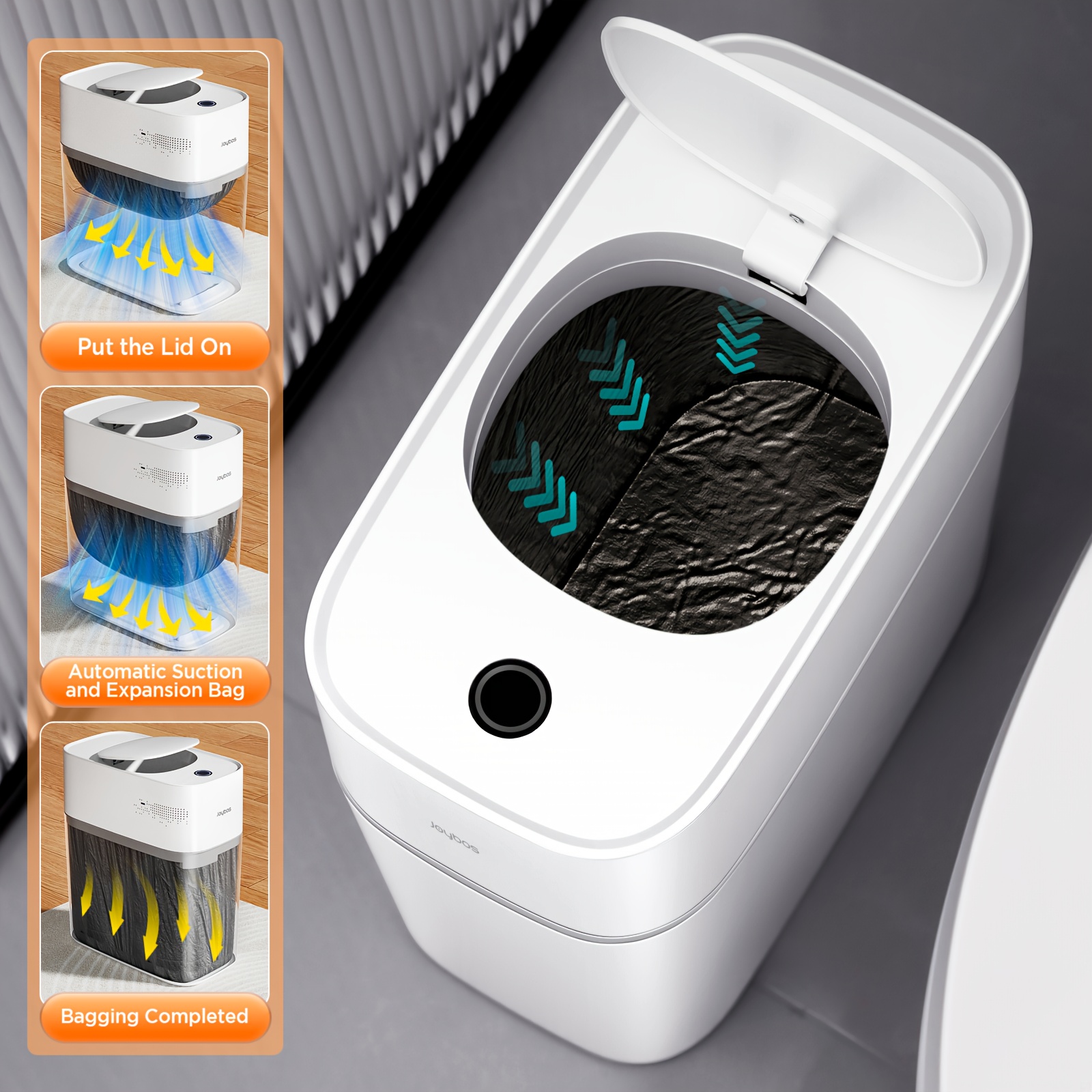 automatic smart trash can for bathroom 3 8gal 14l touchless motion sensor garbage bin   2 gen fan auto expand garbage bags   design for narrow space with small lid   bin   kitchen office bedroom toilet rv Product details 1