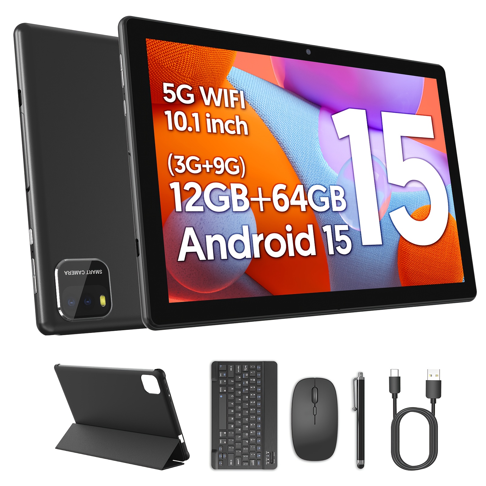 10-inch Android 15 Tablet, Tablet with (Keyboard, Mouse, Stylus, Protective Case) Optional, 12GB (3G+9G Virtual) RAM, 64GB ROM, Supports 1TB Memory Expansion, 6000mAh Battery, 1280*800 IPS High-definition Touch Screen, 2MP+8MP Dual Cameras, 5Gwifi