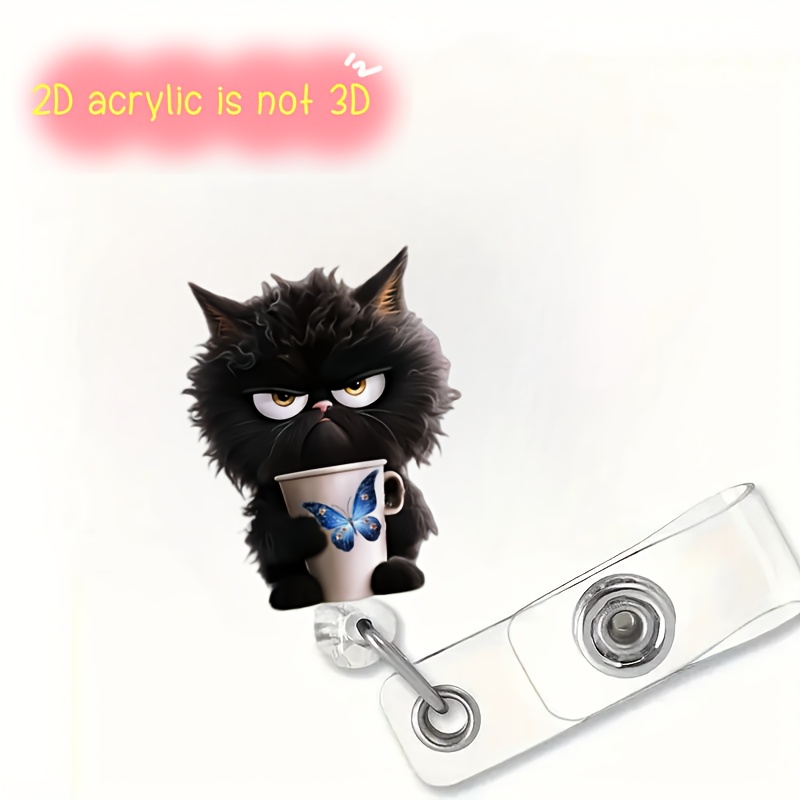 

1pc Cute Black Cat With & Teacup Acrylic Id Badge Reel, Retractable Badge Holder For Nurses, Medical Students, Doctors, Rns, Lpns - Work Tag , Material