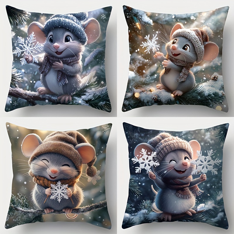 

Contemporary Style Throw Cushion Covers Set Of 4 - Adorable Winter-themed Animal Prints, Machine Washable, Polyester Zippered Cases For Room Decor - No Insert (17.72 Inches)